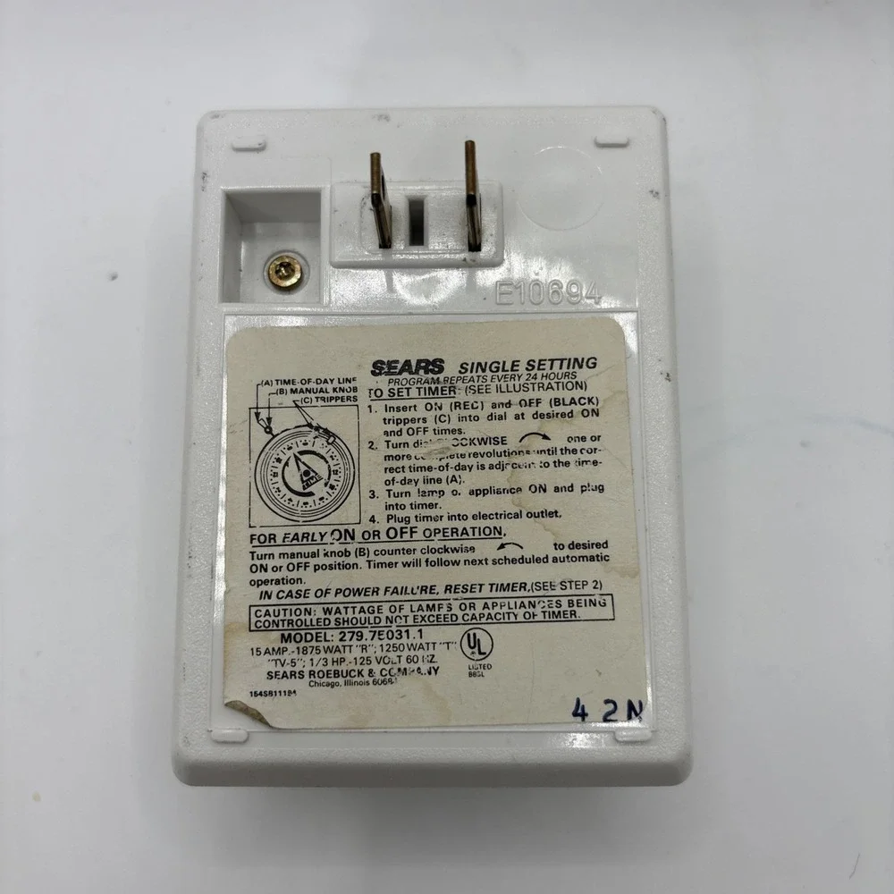 SEARS Single Setting Plug-In Appliance Light‎ Program Timer Model 279-75031-1